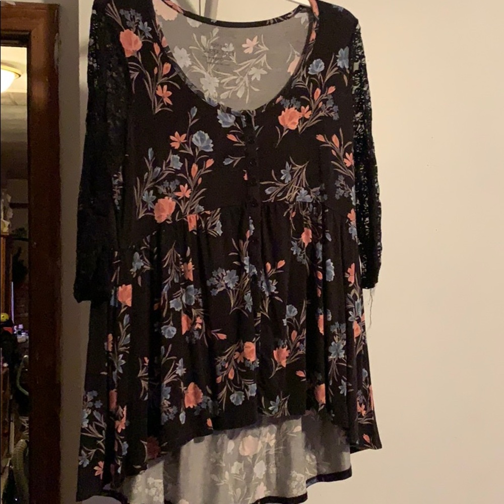 Torrid Floral Shirt with Black Lace Sleeves